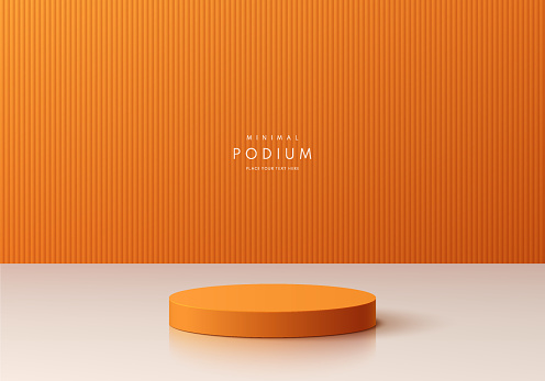 Abstract 3D realistic orange and white cylinder podium pedestal background with natural lighting scene. Minimal mockup product display presentation, Stage showcase. Platforms vector geometric design.