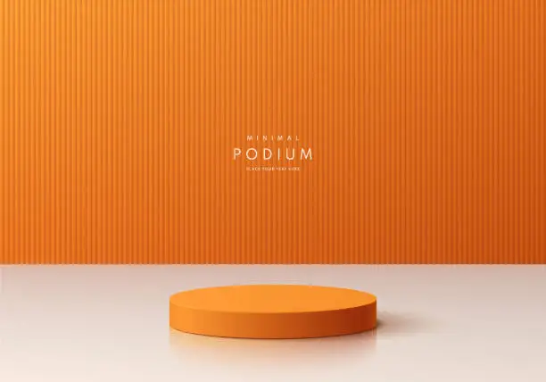 Vector illustration of Abstract 3D realistic orange and white cylinder podium pedestal background with natural lighting scene. Minimal mockup product display presentation, Stage showcase. Platforms vector geometric design.