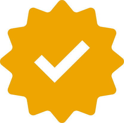 Check mark. Yellow tick verified badge icon. Approved profile sign. Tick in rounded corners star. Social media official account tick symbol. Top page logo. Safety person in web.