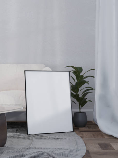 istock Mockup poster black wood frame in empty picture interior cozy vertical on floor illustration 3d rendering. 1841914820