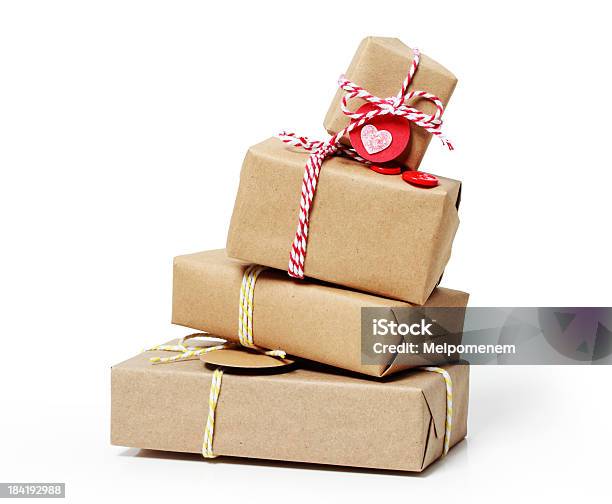 Stack Of Gift Boxes On White Background Stock Photo - Download Image Now - Christmas Present, White Background, Stack
