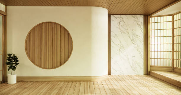 istock Circle window japan style on Empty room minimalist room interior. 1841958293