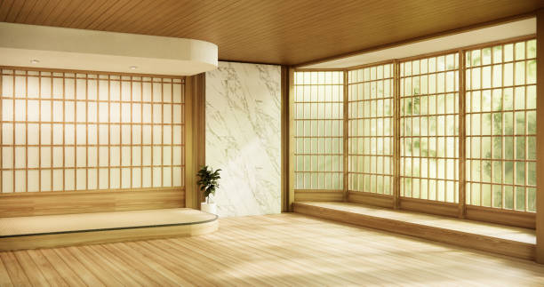 istock Circle window japan style on Empty room minimalist room interior. 1841958295