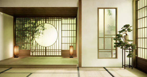 istock cleaning Interior, Empty room and tatami mat floor room modern style. 1841964161