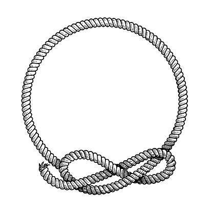 Hand drawn circle rope frame with free style node. Sketch nautical design element. Best for marine and western designs. Vector illustration isolated on white.