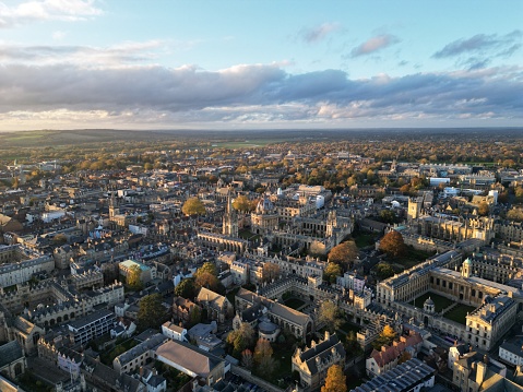 Aerial view of over the skyline of Oxford, UK at sunset