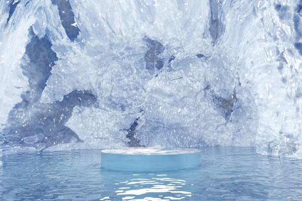 istock Abstact 3d render winter scene and Natural background, Ice podium floats on the water surface in the ice cave for product display, advertising, mockup or etc 1841990282