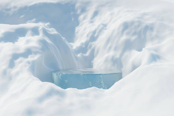 istock 3d render platform and Natural winter background, Ice podium in the hole covered with snow for product display, advertising, mockup or etc 1841990286
