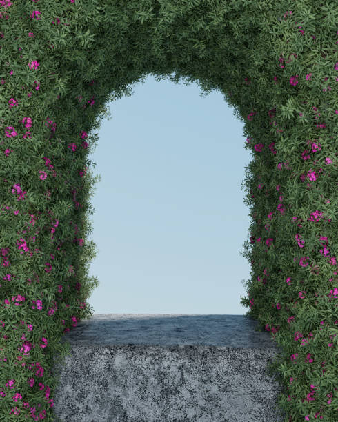 istock Abstact 3D render Platform and podium background, Window of old castle covered plants and flowers and rock for product display, showcase, mockup or etc 1841990293