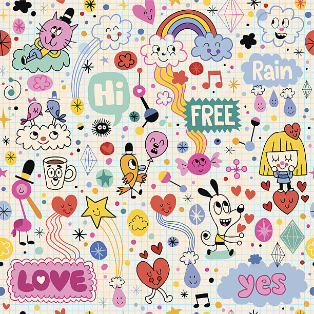 hand drawn sketch book fun cartoon seamless pattern vector art illustration