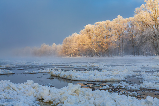 Freezing Gauja river in early winter morning near Ramkalni in Vidzeme region, Latvia