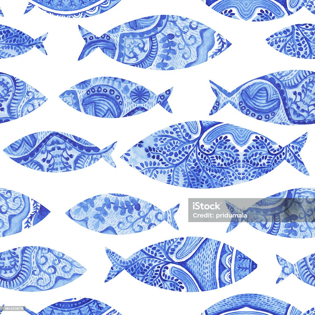 seamless pattern with fishes, watercolor hand painted background seamless pattern with fishes, watercolor hand painted background, watercolor fish, seamless background with stylized blue fish.Wallpaper, watercolor fabric, blue wrapping ornaments Abstract stock illustration