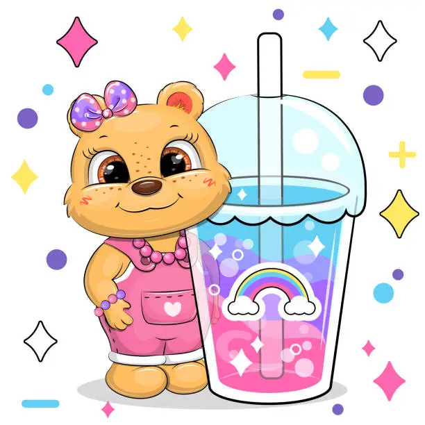 Vector illustration of Cute cartoon besr girl and rainbow drink.