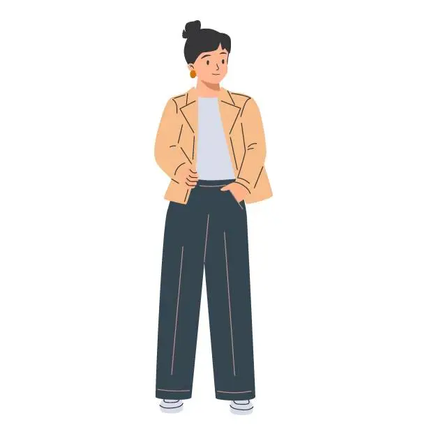 Vector illustration of Elegant woman in a fashionable outfit. Modern female character in a fashionable jacket and long trousers.