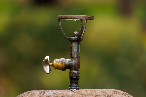 Old brass drinking fountain with an out of focus green background.