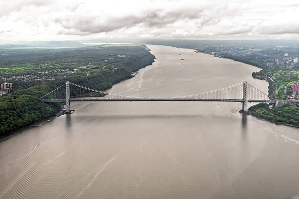 Hudson River from a helicopter, New York, USA. stock photo