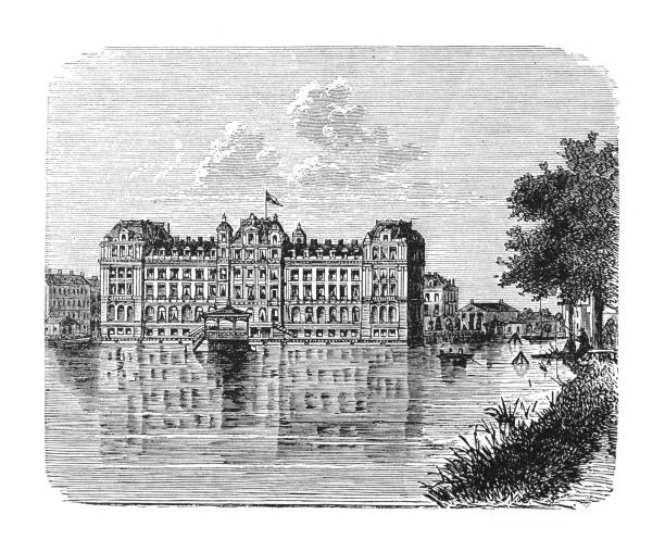 illustrations, cliparts, dessins animés et icônes de hôtel amstel à amsterdam - illustration gravée vintage - amstel river illustrations