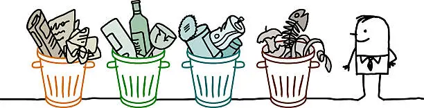 Vector illustration of man and selective sorted garbage