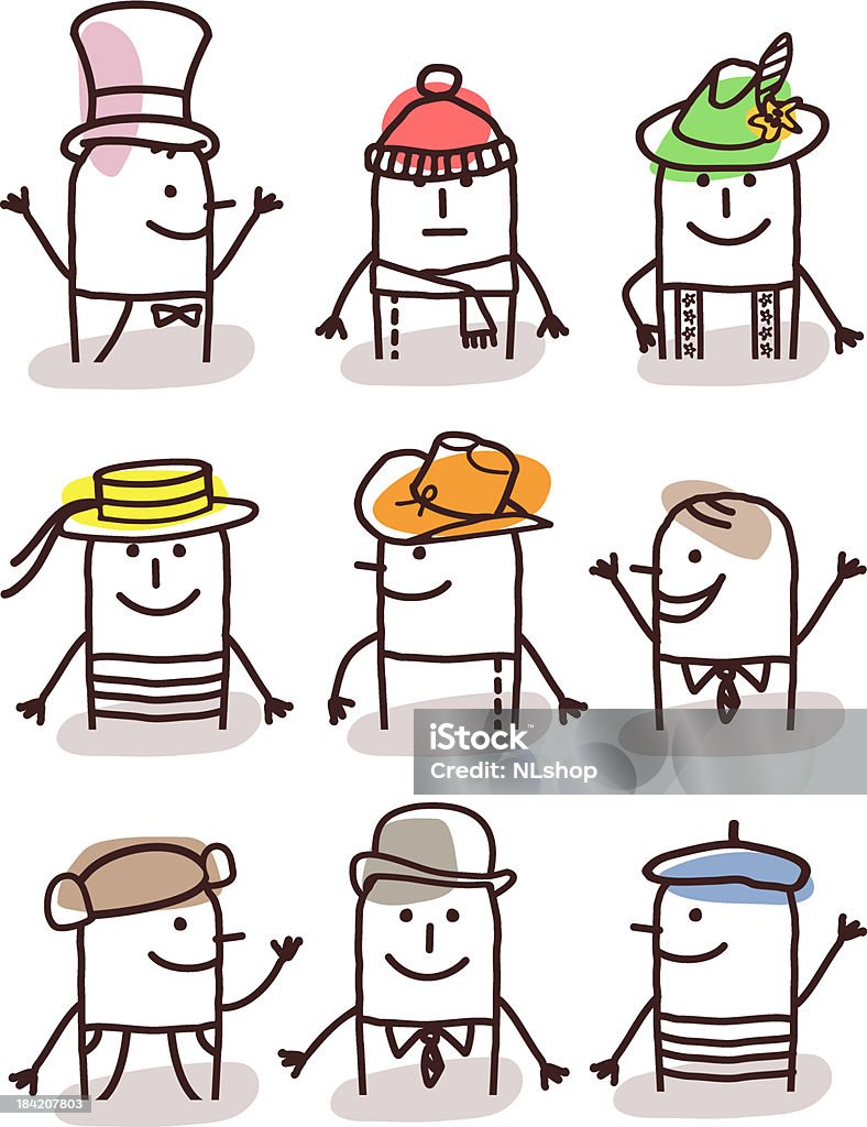 set di avatar maschile-cappelli e tradizioni - arte vettoriale royalty-free di Adulto