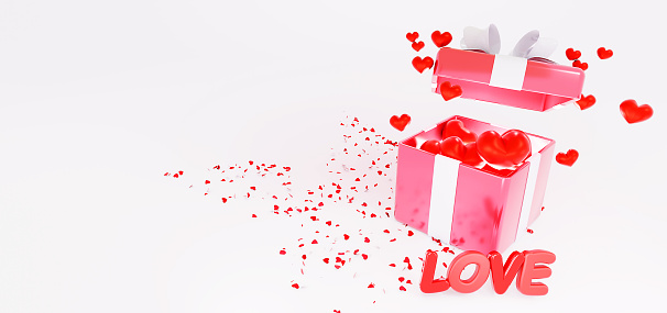 Realistic 3d template of open gift box. Valentines day decorative surprise object. Present birthday.
