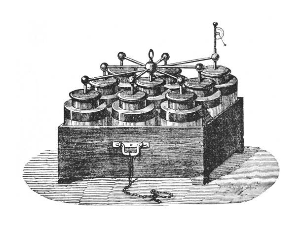 elektrische batterie - vintage-gravierte illustration isoliert auf weißem hintergrund - thomas alva edison museum stock-grafiken, -clipart, -cartoons und -symbole