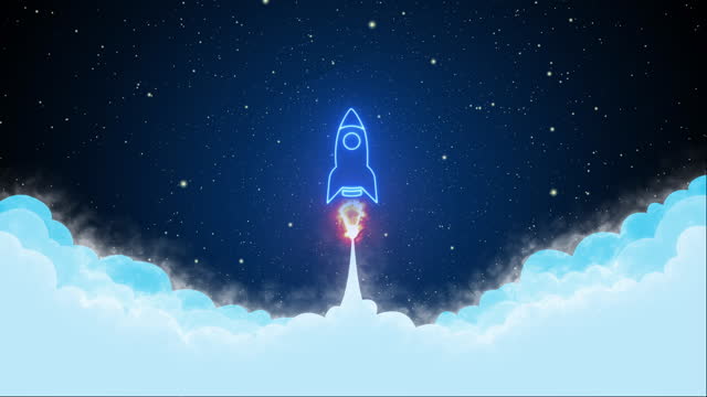 Glowing neon line rocket spaceship icon launching on space background. Space, startup, creative idea, business, innovation and technology concept. 4K Video motion graphic animation.