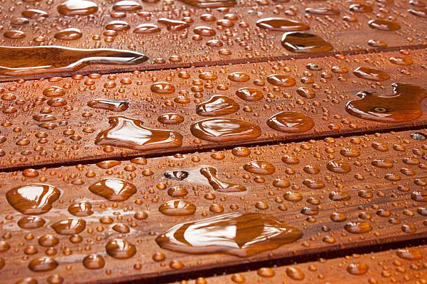 A close up on a recently sealed cottage deck just after the summer rain.  Water beads up in reflective pools as the sun begins to shine.