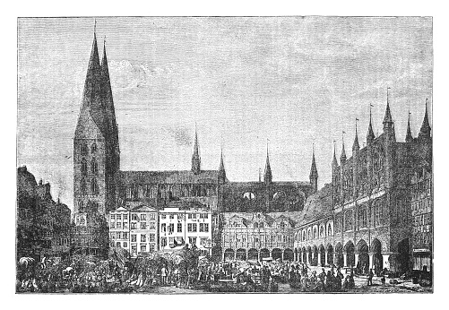 Vintage engraved illustration - Market square with St Mary's Church in Lübeck (Germany)