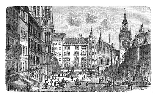 Vintage engraved illustration - Mary's Square (Marienplatz) in Munich