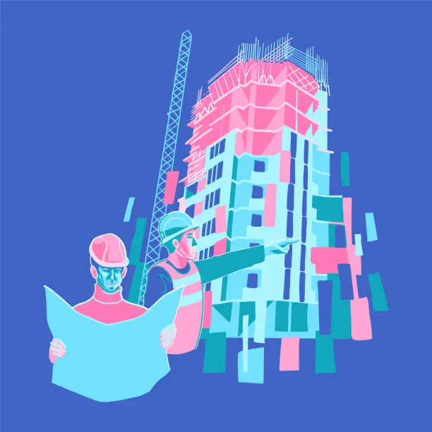 Vector illustration of Two builders, constructors or engineers in a protective helmets in front of a unfinished building