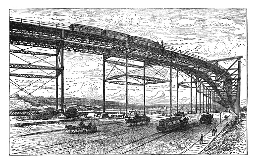 Vintage engraved illustration - Railway bridge in New York