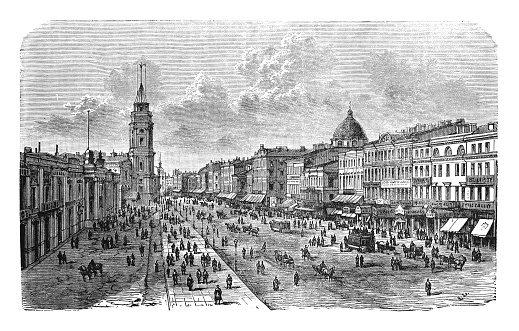 Vintage engraved illustration - Nevski Prospekt (main street) in St Petersburg