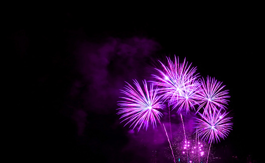 Spectacular purple colored fireworks exploding into the night sky