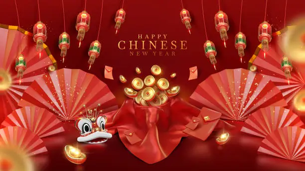 Vector illustration of Red luxury background with gold coin in silk with 3d realistic chinese new year ornament and glitter light effect decoration and bokeh. Vector illustration.