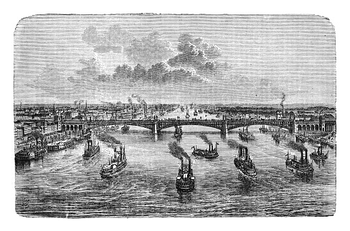 Vintage engraved illustration - St. Louis with the Mississippi River (independent city in the  United States of America of Missouri)