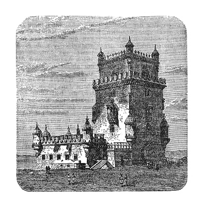 Vintage engraved illustration isolated - Belém Tower or Tower of Saint Vincent in Lisbon (Portugal)