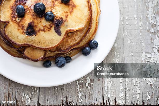 White Plate With Blueberry Pancakes Stock Photo - Download Image Now - Antique, Blueberry, Breakfast