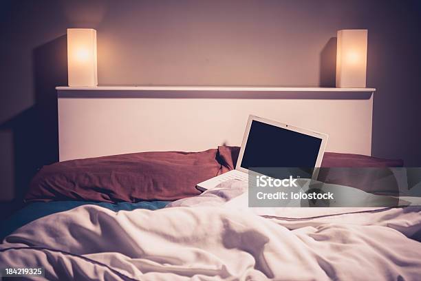 Laptop In Bed At Night Stock Photo - Download Image Now - Bed - Furniture, Computer, Night