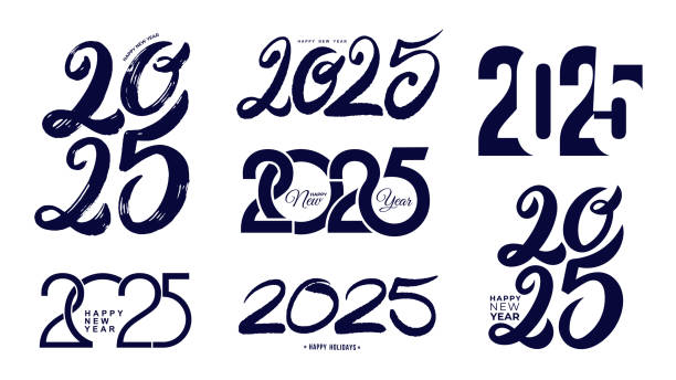 Big set 2025 Happy New Year logo text design. Numbers hand drawn, with a brush. Collection of 2025 number design template. Vector symbols decoration. Christmas vector illustration with black labels vector art illustration