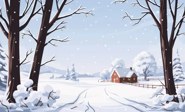 Vector illustration of House In Winter Landscape On A Snowy Day