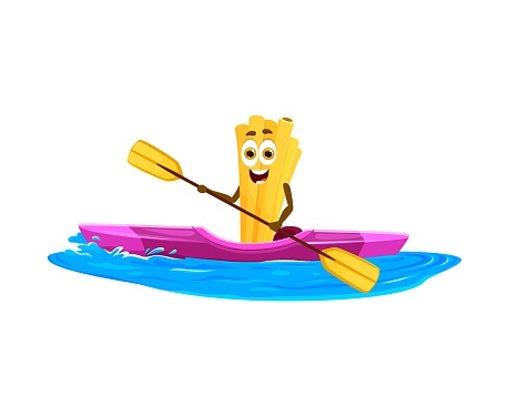 Cartoon cheerful Bucatini pasta character paddles a kayak under the sun on a summer vacation adventure. Isolated vector funny noodle personage enjoying beach recreation and water sports on sea waves