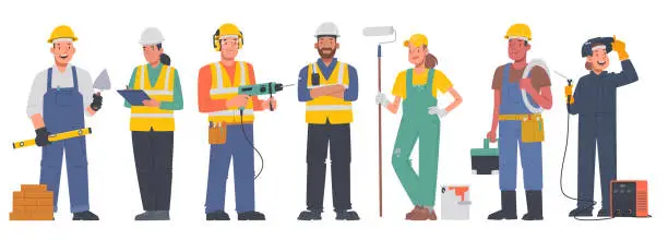 Vector illustration of Set of characters of men and women working professions. Builders in uniform and protective vest and helmet