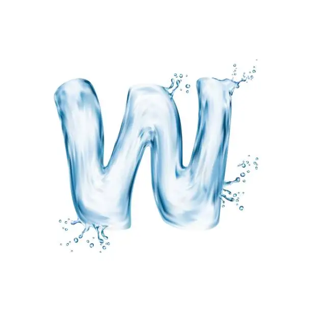 Vector illustration of Realistic water font, letter W flow splash type