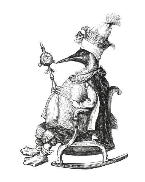 Anthropomorphic Emperor Penguin.  Humanized penguin. Emperor Penguin in queen costume, Vintage humanized cyborg animal. hand drawn vintage engraved humanized animal. Penguin emperor in chair. Fashion animal characters. hand drawn illustration. cyborg animals. Alien. No AI.