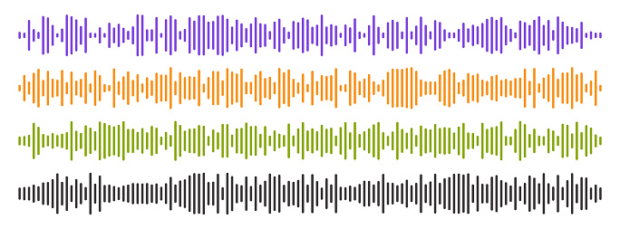 Set of four vector long sound waves of different intensities. Audio equalizer technology, pulse music. Audio player. Vector illustration.