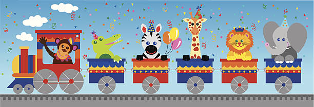 Jungle animals birthday train vector art illustration