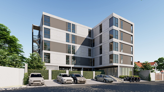 3D rendering of modern residential exterior, perspective, 3D illustration