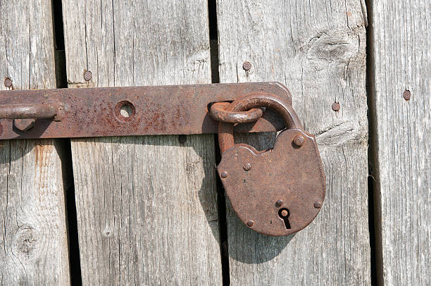 istock Old rusty padlock on a wooden door 184230460