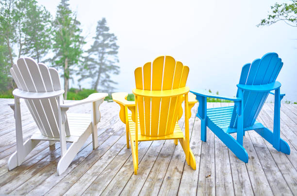 istock white yellow and blue deck chairs with forest and mist fog 1842330629