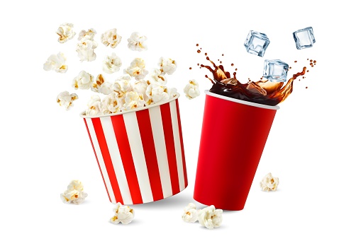 Movie cinema popcorn bucket and cola drink cup with splash, realistic vector background. Pop corn snack and soda beverage in red cup with ice cubes splash and flying popcorn from bucket
